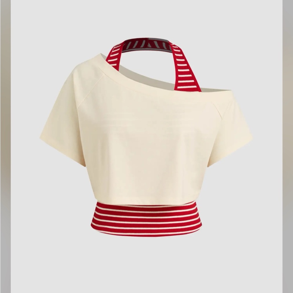 Cider Off-Shoulder Cream and Red Crop Top